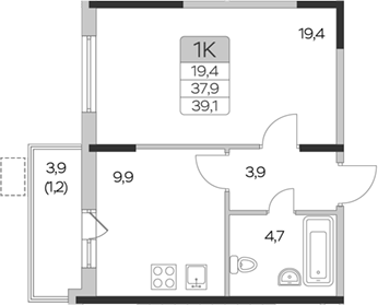 Планировка — Пироговская ривьера, 1-комн., 38 м²