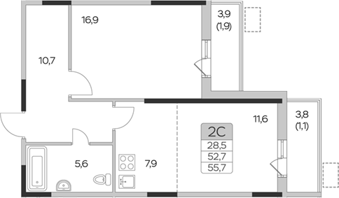 Планировка — Пироговская ривьера, 1-комн., 53 м²