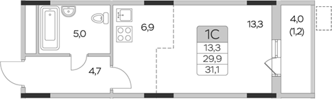 Планировка — Пироговская ривьера, Студия, 30 м²