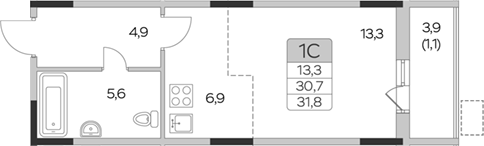 Планировка — Пироговская ривьера, Студия, 31 м²