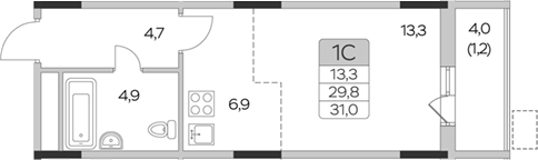 Планировка — Пироговская ривьера, Студия, 30 м²