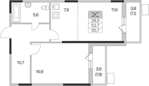 Планировка — Пироговская ривьера, 1-комн., 53 м²