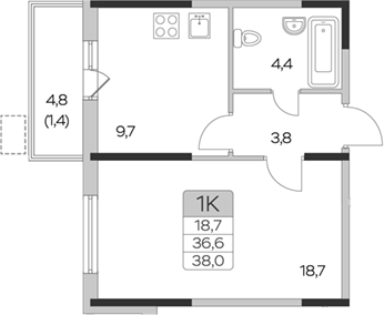 Планировка — Пироговская ривьера, 1-комн., 37 м²