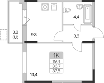 Планировка — Пироговская ривьера, 1-комн., 37 м²