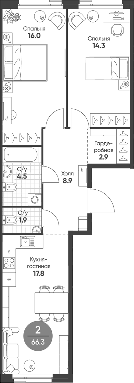 Планировка — Shagal, 3-комн., 66 м²