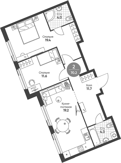 Планировка — Shagal, 3-комн., 70 м²