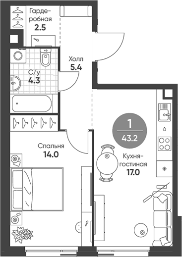 Планировка — Shagal, 2-комн., 43 м²