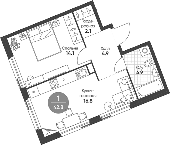Планировка — Shagal, 2-комн., 43 м²