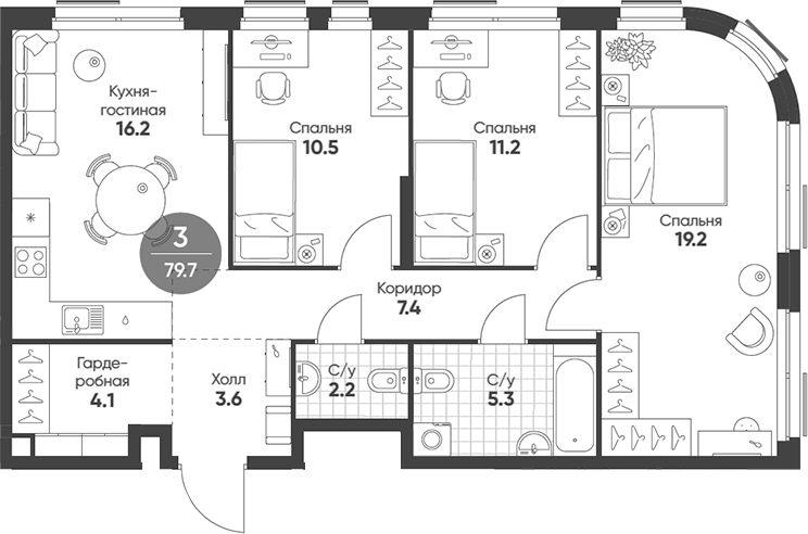 Планировка — Shagal, 4-комн., 80 м²