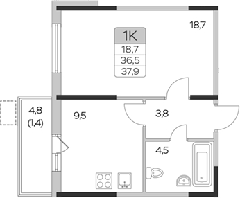Планировка — Пироговская ривьера, 1-комн., 37 м²