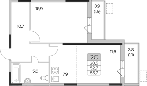 Планировка — Пироговская ривьера, 1-комн., 53 м²
