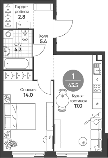 Планировка — Shagal, 2-комн., 44 м²