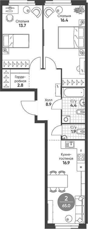 Планировка — Shagal, 3-комн., 65 м²
