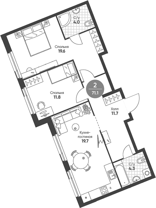 Планировка — Shagal, 3-комн., 71 м²