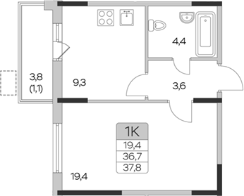 Планировка — Пироговская ривьера, 1-комн., 37 м²