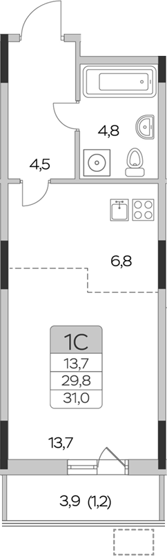 Планировка — Пироговская ривьера, Студия, 30 м²