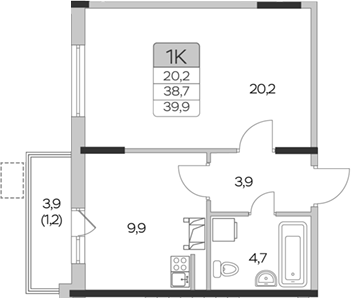 Планировка — Пироговская ривьера, 1-комн., 39 м²