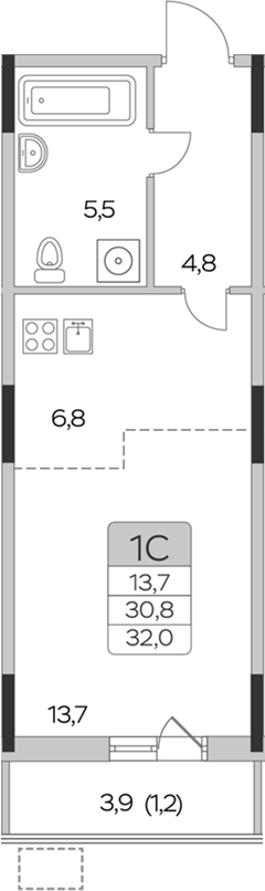 Планировка — Пироговская ривьера, Студия, 31 м²