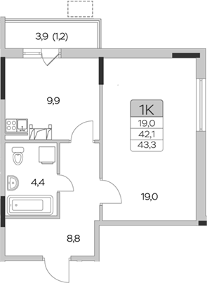 Планировка — Пироговская ривьера, 1-комн., 42 м²