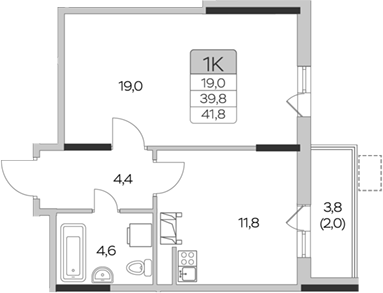 Планировка — Пироговская ривьера, 1-комн., 40 м²