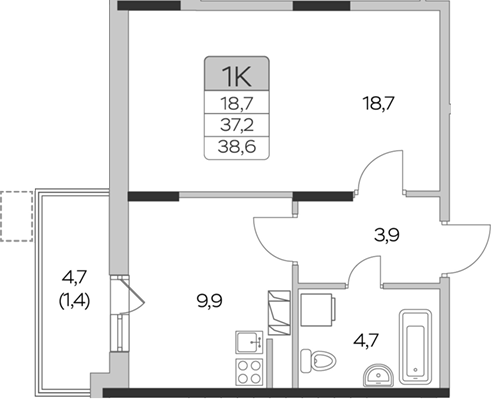 Планировка — Пироговская ривьера, 1-комн., 37 м²