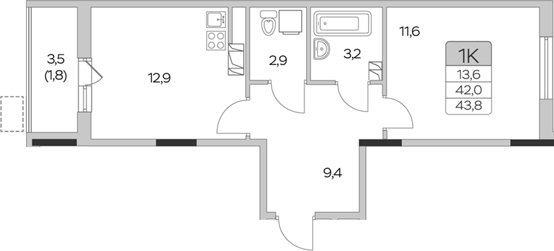 Планировка — Пироговская ривьера, 1-комн., 42 м²