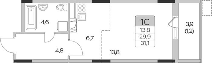 Планировка — Пироговская ривьера, Студия, 30 м²