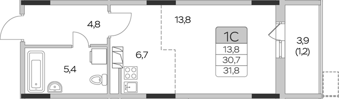 Планировка — Пироговская ривьера, Студия, 31 м²