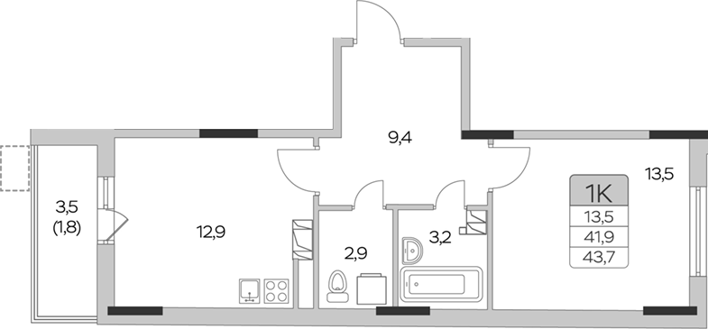 Планировка — Пироговская ривьера, 1-комн., 42 м²