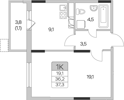 Планировка — Пироговская ривьера, 1-комн., 36 м²