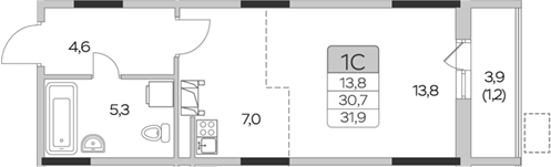 Планировка — Пироговская ривьера, Студия, 31 м²