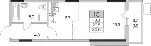 Планировка — Пироговская ривьера, Студия, 30 м²