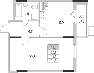 Планировка — Пироговская ривьера, 1-комн., 43 м²