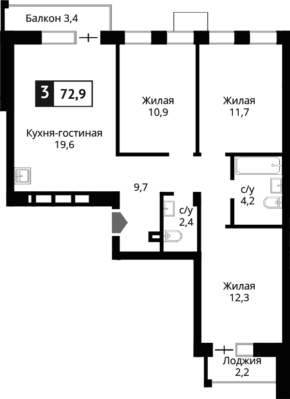 Планировка — Лесная Отрада, 4-комн., 71 м²