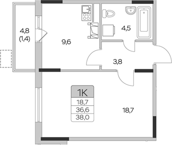 Планировка — Пироговская ривьера, 1-комн., 37 м²