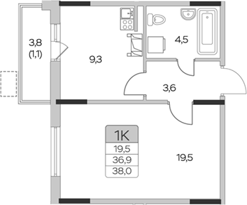 Планировка — Пироговская ривьера, 1-комн., 37 м²