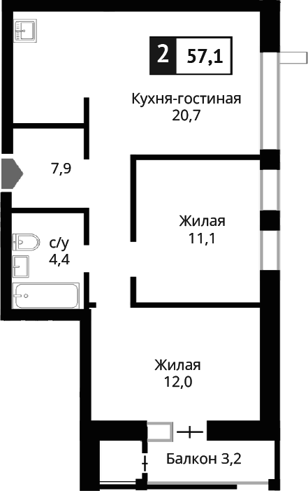 Планировка — Лесная Отрада, 3-комн., 56 м²