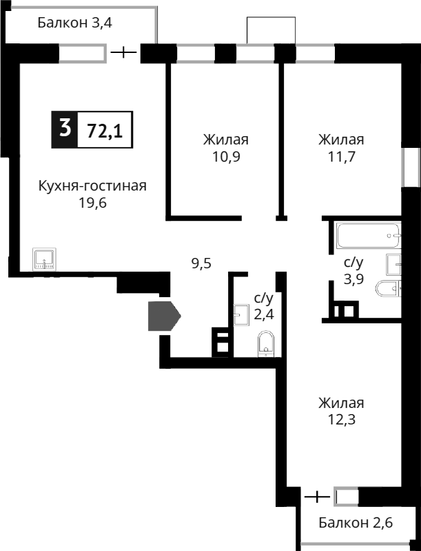 Планировка — Лесная Отрада, 4-комн., 70 м²