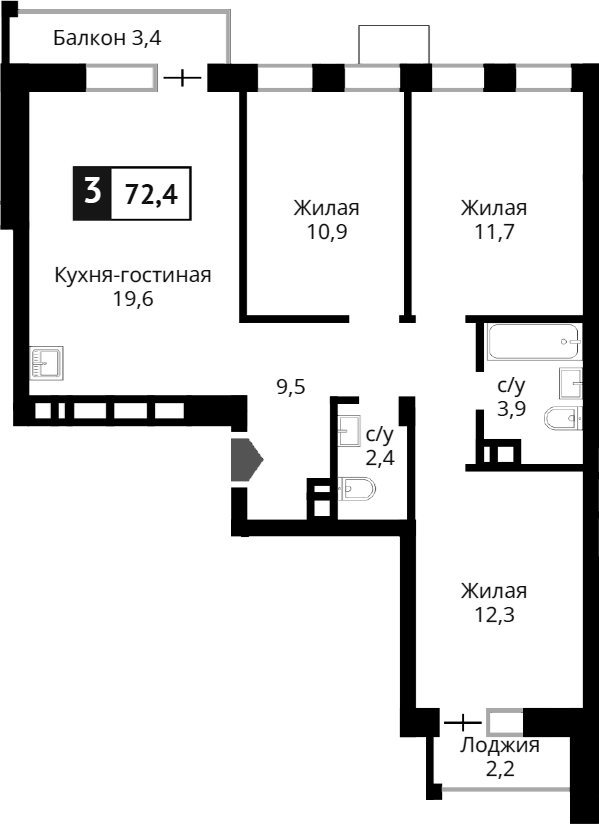 Планировка — Лесная Отрада, 4-комн., 70 м²