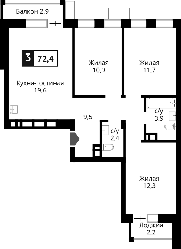 Планировка — Лесная Отрада, 4-комн., 70 м²