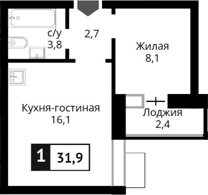 Планировка — Лесная Отрада, 2-комн., 31 м²