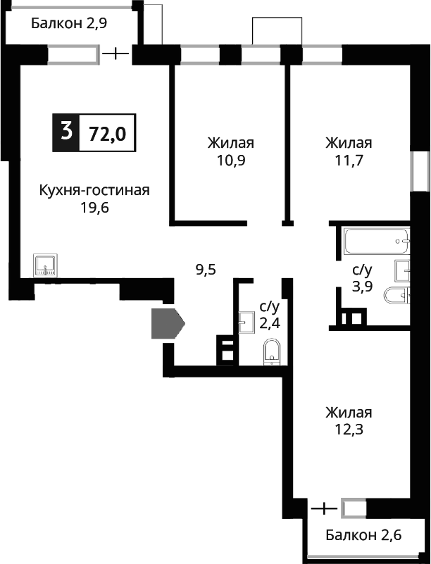 Планировка — Лесная Отрада, 4-комн., 70 м²