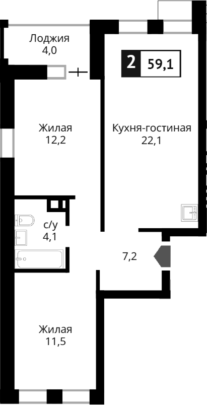 Планировка — Лесная Отрада, 3-комн., 57 м²
