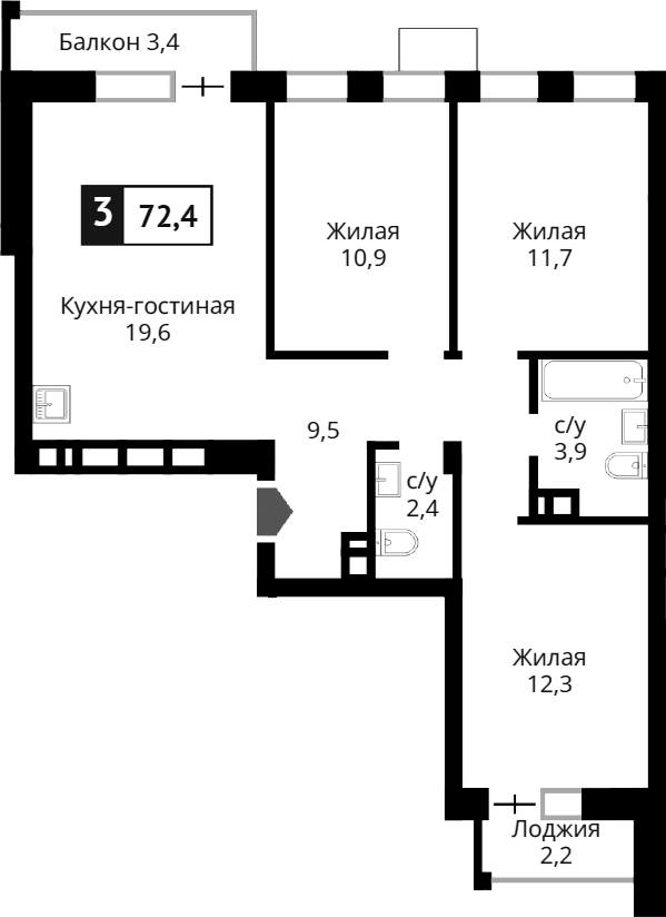 Планировка — Лесная Отрада, 4-комн., 70 м²