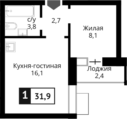 Планировка — Лесная Отрада, 2-комн., 31 м²