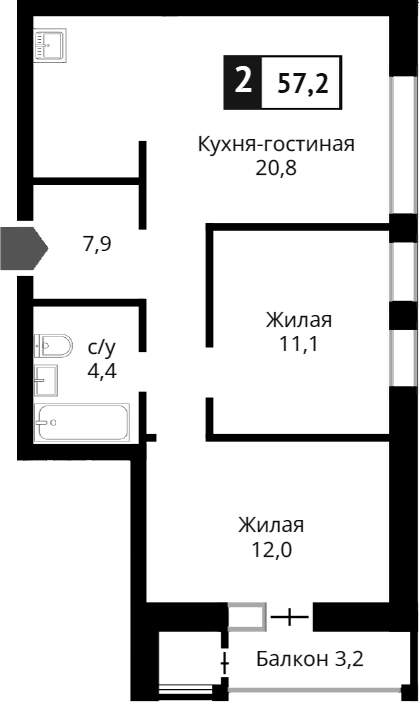 Планировка — Лесная Отрада, 3-комн., 56 м²