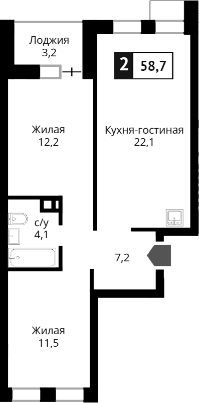 Планировка — Лесная Отрада, 3-комн., 57 м²