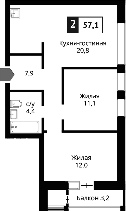 Планировка — Лесная Отрада, 3-комн., 56 м²