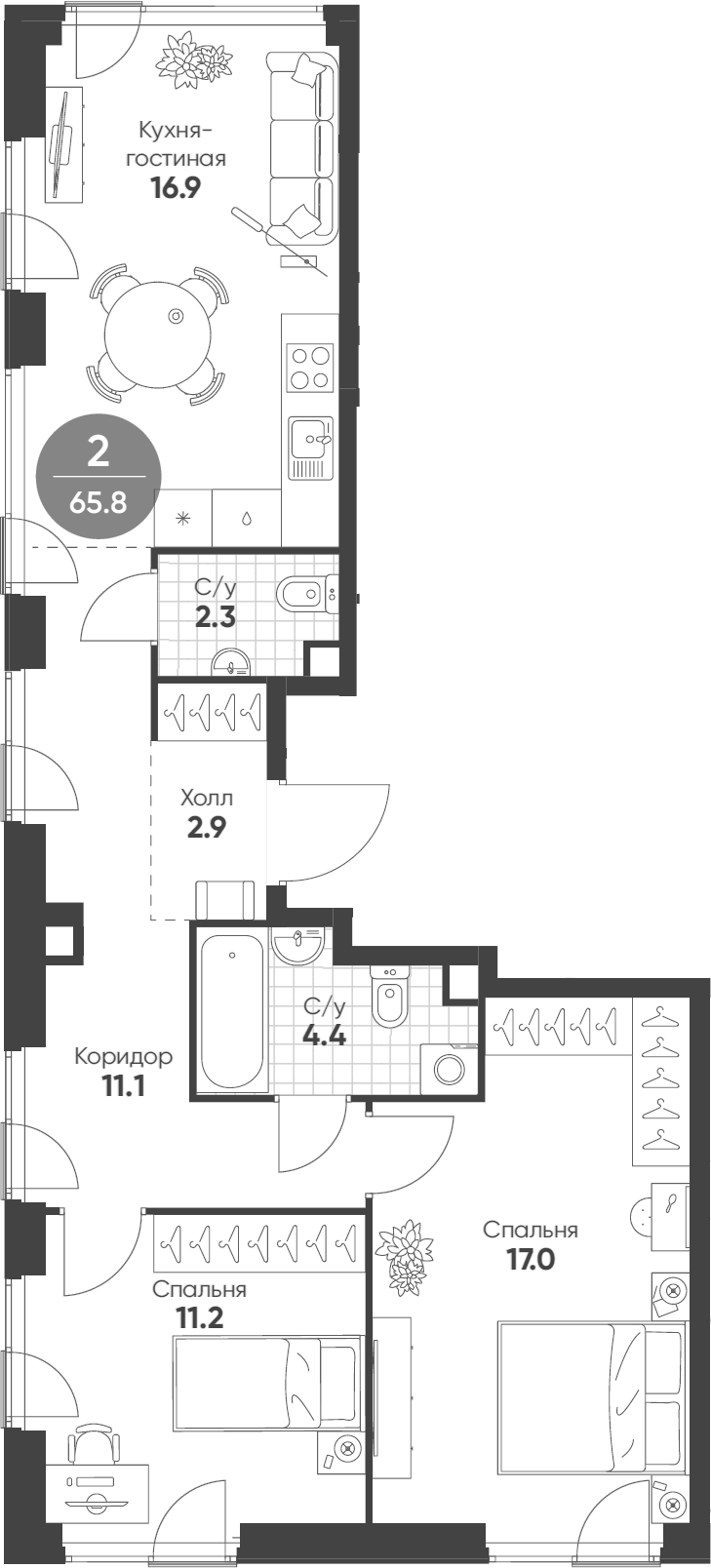 Планировка — Shagal, 3-комн., 66 м²