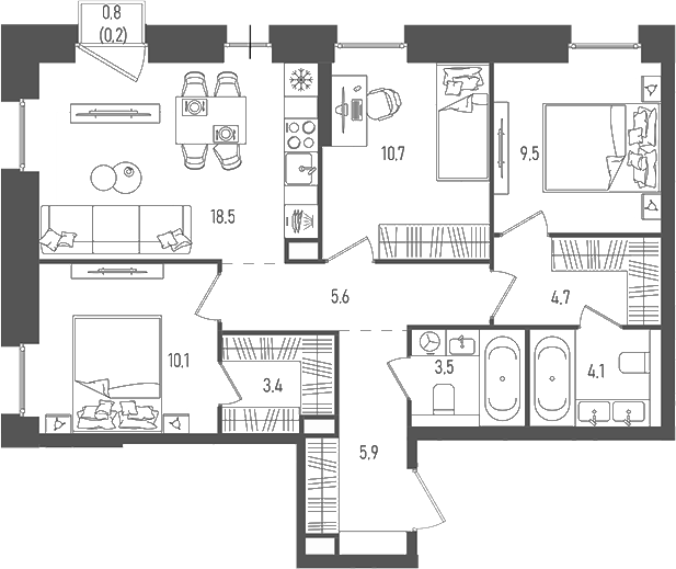 Планировка — Pave, 4-комн., 76 м²